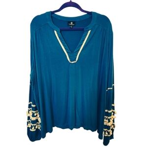 Curations Teal Boho Pom Tassle Fringe Sleeve Top, Size 2X
